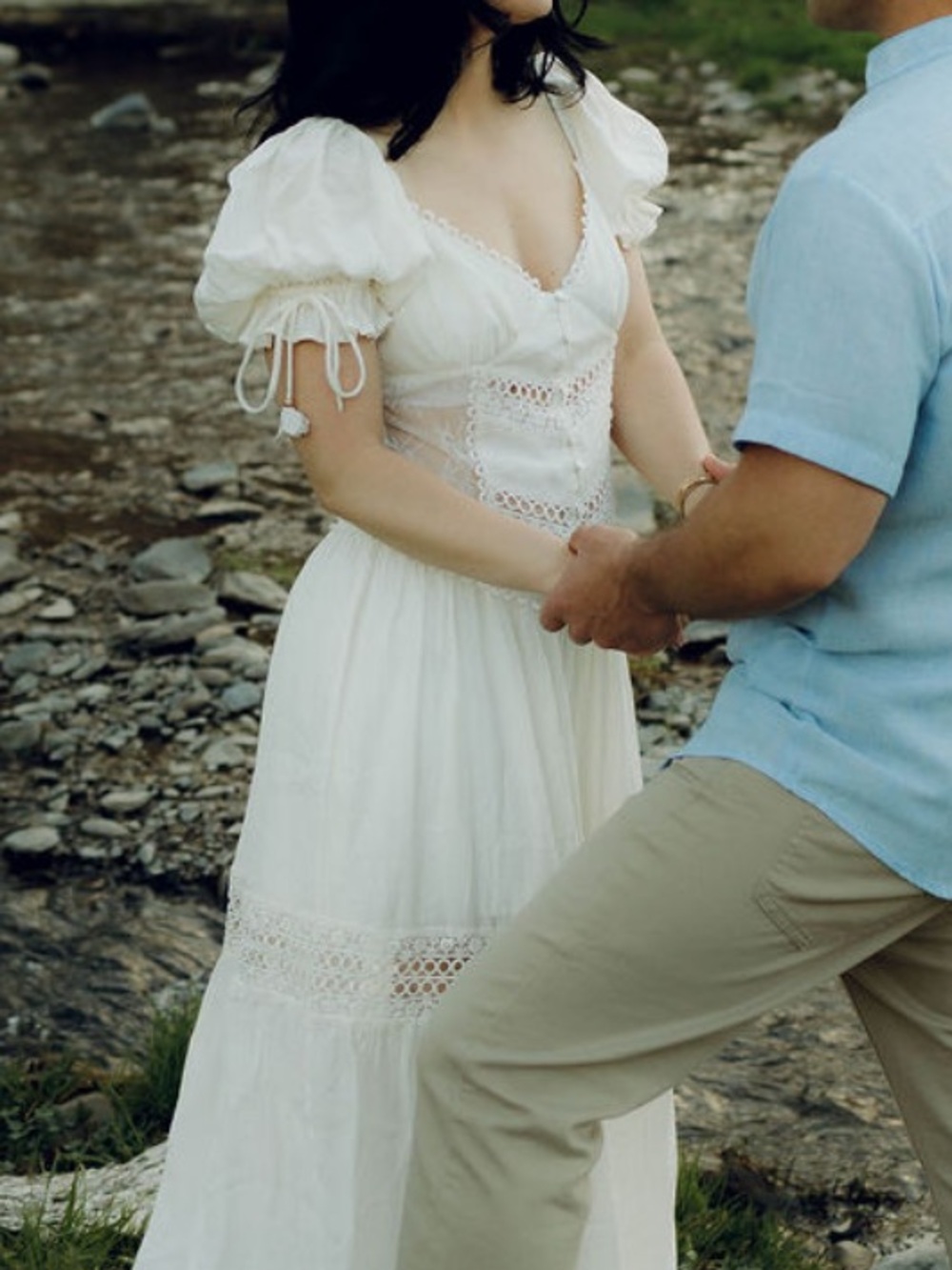 En Saison Cream Puff Sleeve Lace Maxi Dress